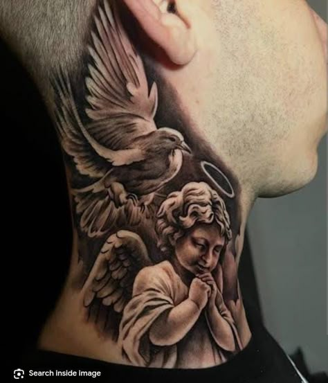 Neck Chinese Tattoo, Mexican Neck Tattoo, Christian Neck Tattoos For Men, Greek Neck Tattoo, Chest And Neck Tattoos Men, Religious Neck Tattoo, Angel Neck Tattoo For Men, Jesus Neck Tattoo, Wings Neck Tattoo Men