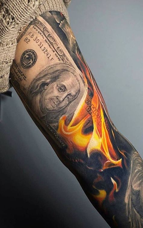 Portrait Tattoo Sleeve, Dollar Tattoo, Inside Of Arm Tattoo, Gangster Tattoo, Chicano Tattoos Sleeve, Zeus Tattoo, Animal Sleeve Tattoo, Hyper Realistic Tattoo, Card Tattoo Designs