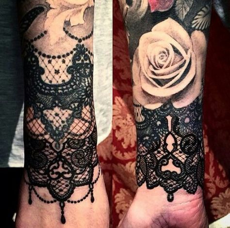 Lace and a rose tattoo                                                                                                                                                      More Lace Wrist Tattoo, Cinderella Tattoos, Cinderella Tattoo, Black Lace Tattoo, Lace Sleeve Tattoos, Lace Tattoo Design, Inspiration Tattoos, Geniale Tattoos, Lace Tattoo