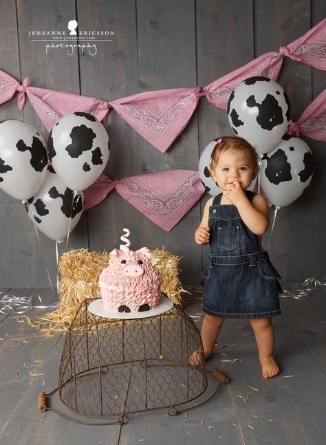 Cow print balloons!  Perfect addition to a farm girl themed birthday party or cake smash! {affiliate} Cow Print Balloons, Piggy Cake, Unicorn Party Food, Mother Baby Photography, Daughter Photoshoot, Cow Birthday Parties, Mother Daughter Photoshoot, Lalaloopsy Party, Hungry Caterpillar Party