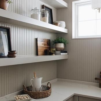 Wall Pantry Ideas, Beadboard Trim, Wall Pantry, Green Shelves, Custom Floating Shelves, Shelves Design, White Tile Backsplash, Beadboard Backsplash, Brick Backsplash