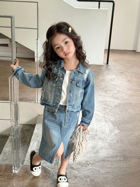 Young Girl Cute Denim Single-Breasted Long Sleeve Jacket And Skirt Set Medium Wash Casual    Plain  Non-Stretch  Young Girls Clothing, size features are:Bust: ,Length: ,Sleeve Length: Picture Day Outfit Kids, Kids Picture Day Outfit, Kids Outfit Ideas, Moda Casual Chic, Kids Outfits Daughters, Picture Day Outfits, Girls Denim Skirts, Kid Outfits, Fashionable Kids