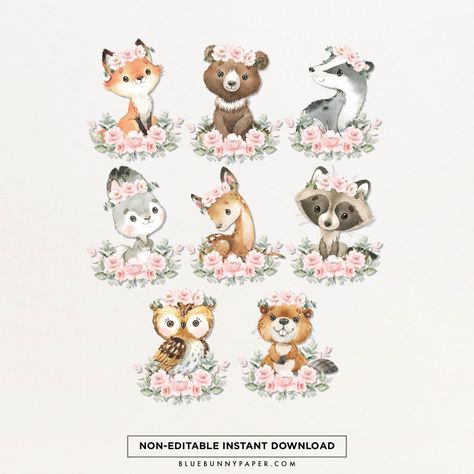 "PINK FLORAL WOODLAND CENTERPIECES Adorable party centerpieces featuring 8 cute forest animals with pink blush floral crowns -------------------------------------------------------- MATCHING ITEMS -------------------------------------------------------- https://www.etsy.com/shop/BlueBunnyPrintables?search_query=FOR6 -------------------------------------------------------- WHAT YOU WILL RECEIVE  -------------------------------------------------------- ★ 8 Different woodland animals formatted to print on 8.5X11\" letter size page in JPG format (compressed in 1 ZIP folder) ★ 8 Different woodland animals formatted to print on 8.5X11\" letter size page in PDF format ★ Simply download, print, cut out, and decorate! -------------------------------------------------------- INSTANT DOWNLOAD ------- Pink Woodland Baby Shower Theme, Pink Woodland Baby Shower, Woodland Centerpieces, Baby Shower Decorations Pink, Woodland Centerpiece, 1st Birthday Decor, Wild One 1st Birthday, Pink Baby Shower Decorations, Forest Animal Baby Shower