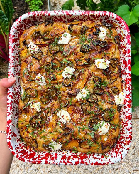 sourdough focaccia with candied jalapeños from my garden, peaches, creamy goat cheese, hot honey, and fresh basil Sourdough Focaccia Recipe, Sourdough Focaccia, Candied Jalapenos, Creamy Goat Cheese, Goat Cheese Recipes, Focaccia Recipe, Hot Honey, Sourdough Recipes, Fresh Basil