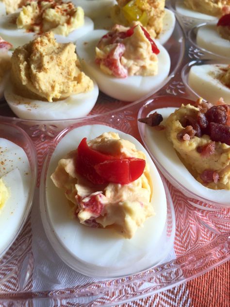 Roasted Red Pepper Deviled Eggs Traditional Deviled Eggs, Red Pepper Jelly, Devilled Eggs, Peeling Hard Boiled Eggs, Fresh Eats, Pepper Jelly, Roasted Red Pepper, Roasted Red Peppers, Deviled Eggs