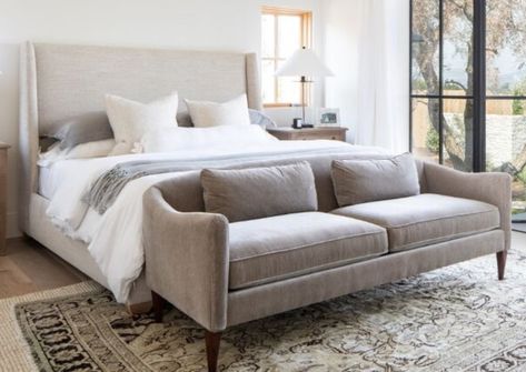 Reupholster sofa in den at end of bed? Sofa In Bedrooms, Settee In Front Of Bed, Loveseat In Front Of Bed, Sofa In Master Suite, Bedroom With Couch At End Of Bed, End Of Bed Chair, Bedroom Ideas With Bench At End Of Bed, End Of Bed Furniture, Chaise Lounge End Of Bed