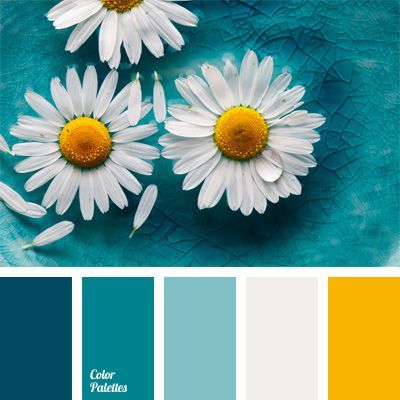 Color Palette #151 Delicate and fresh daisies. Dark blue, denim, turquoise, light blue harmonizes with white and yellow. This classic combination is suitable for a light summer image, and for formal business suit. Chamomile’s colors on light blue color do not hurt your eyes and cause irritation. Yellow Bath, Yellow And Teal, Room Dark, Color Palette Yellow, Color Schemes Colour Palettes, Black And White Love, Yellow Walls, Color Palette Design, Color Balance