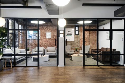 First Round Offices - New York City New York Office Design, Cozy Industrial Office Design, Industrial Executive Office, New York Office Aesthetic, Warehouse Office Industrial, Industrial Office Design Workspaces, Office Partition Ideas, Design Firm Office, Commercial Office Storage