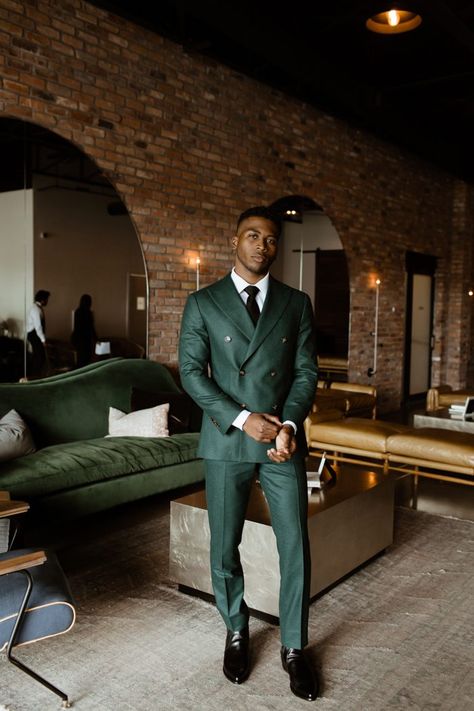 Green Groom Suite, Black Man Green Suit, Cool Suits For Men Wedding, Grooms In Green Suit, Men Hollywood Fashion, Men’s Dark Green Suit, Dark Green Grooms Suit, Green Suit Black Tie, Dark Green Groomsmen Suits