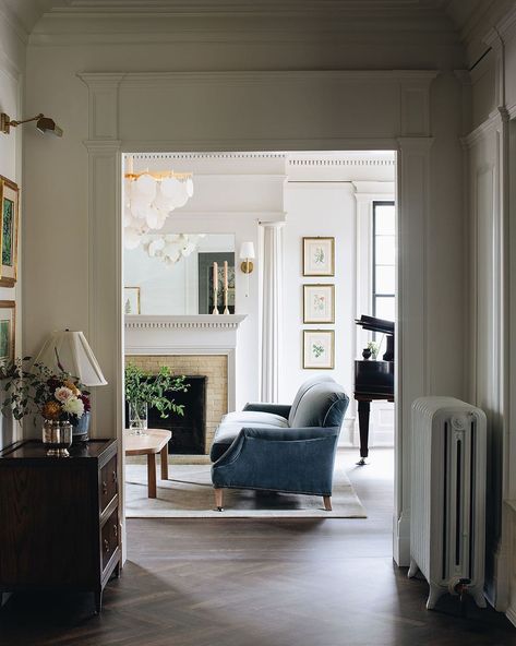 Stoffer Home on Instagram: “Our Margeaux Sofa is the star of this living room. The light blue velvet is ther perfect accent color while still acting as a neutral, and…” Jean Stoffer Design, Jean Stoffer, Design Hall, Interior Windows, The Madison, Historic Home, A Living Room, Beautiful Interiors, House Inspo