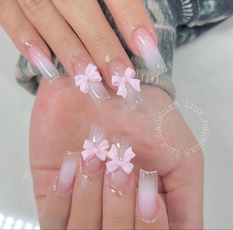 Nails With 3d Bows, Acrylic Nails With Bow Charms, Short Nails With Bow Charm, Pink Nails With Bow Charm, Nail Inspo 2024 Square, Nail Ideas With Bows, Japanese Nail Designs Kawaii, Coquette Valentines Nails, Nails Bow Charm