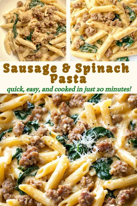 Image of creamy penne pasta with Italian sausage and spinach, sprinkled with cheese. Text: "Sausage & Spinach Pasta," and below it, "quick, easy, and cooked in just 20 minutes!" Italian Sausage Pasta Salad, Mild Italian Sausage Link Recipes, Italian Meals For A Crowd, Recipes With Italian Sausage Ground, Sage Sausage Recipes, Italian Sausage Pasta Recipes, Italian Sausage Dinner, Sausage And Spinach Pasta, Pasta Italian Sausage