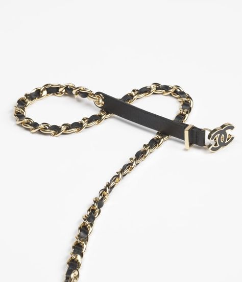 Chain belt - Calfskin, metal & resin, black & gold — Fashion | CHANEL Chanel Chain Belt, Eyewear Campaign, Chanel Watch, Chanel Chain, Jewelry Advice, Eyewear Shop, Fashion Chanel, Chanel Collection, Chanel Couture