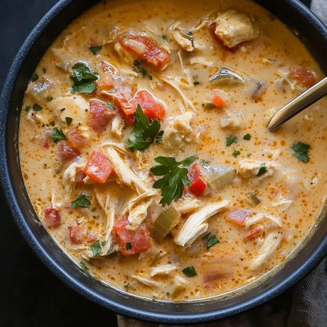 Creamy Cajun Chicken Soup Keto Soup With Chicken, Creamy Cajun Soup, Cajun Soups, Creamy Cajun Chicken Soup, Cajun Chicken Soup, Cajun Soup, Chicken Pasta Soup, Creamy Cajun Chicken, Buffalo Chicken Soup