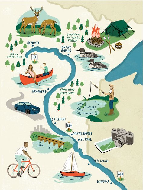 Mississippi River Adventure Guide | Minnesota Monthly Adventure Map Illustration, Hiking Map Illustration, Map Illust, Map Design Ideas, Hiking Illustration, Maps Illustration Design, Graphic Design Inspiration Illustration, River Illustration, River Camping