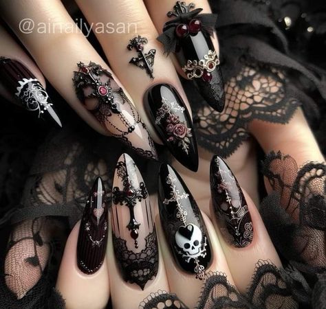 Gothic Nails Wedding, Incredible Nail Art, Gothic Bridal Nails, Alt Wedding Nails, Black Skull Nails, Cemetery Nails, Heartbreak Nails, Goth Wedding Suit, Uñas Dark Aesthetic