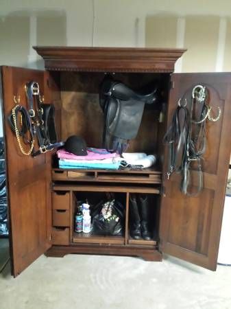 armoire as tack cabinet                                                                                                                                                                                 More Tack Cabinet, Tack Locker, Horse Tack Rooms, Tack Trunk, Tack Box, Locker Designs, Baby Barn, Tack Shop, Equestrian Fashion