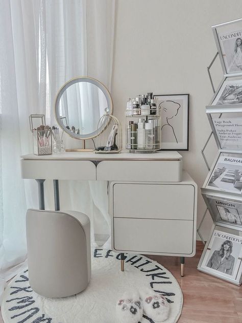 Beige Vanity Table, Vanity Table Scandinavian, White Makeup Dresser, Small White Makeup Vanity, White Make Up Table Cheap, Room Asthetics, Delicate Makeup, White Vanity Desk, Nordic Bedroom