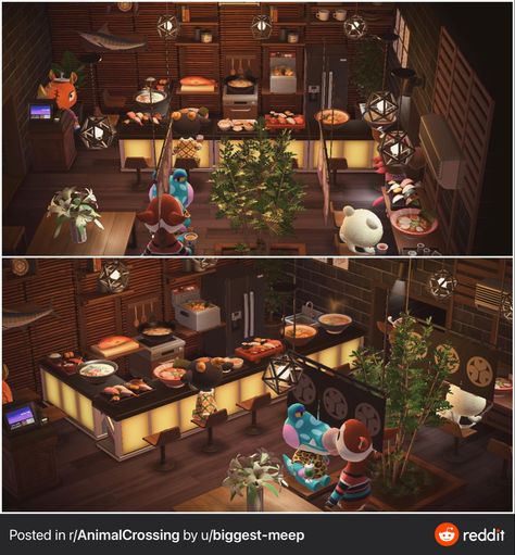 Restaurant Hhp Acnh, Happy Home Paradise Japanese, Animal Crossing Restaurant, Japan Acnh, Happy Home Paradise, Japanese Restaurant Interior, Japanese Bedroom, Corkboard Ideas Decor, Forest Theme Wedding