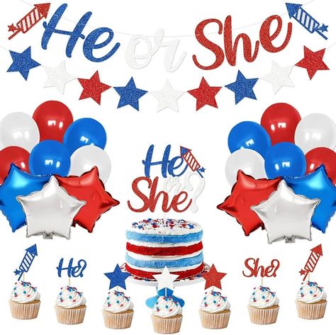 Amazon.com: Levfla 4th of July Gender Reveal Decorations Kit He or She Banner Firecracker Cake Topper Stars Cupcake Toppers Balloons for Summer Baby Shower Party Photo Props Pregnancy Announcement Supplies : Toys & Games Firework Gender Reveal Party, 4th Of July Gender Reveal, Firecracker Cake, Firework Gender Reveal, Patriotic Baby, Gender Reveal Party Decorations, Summer Baby Shower, Gender Reveal Decorations, Cake Banner Topper