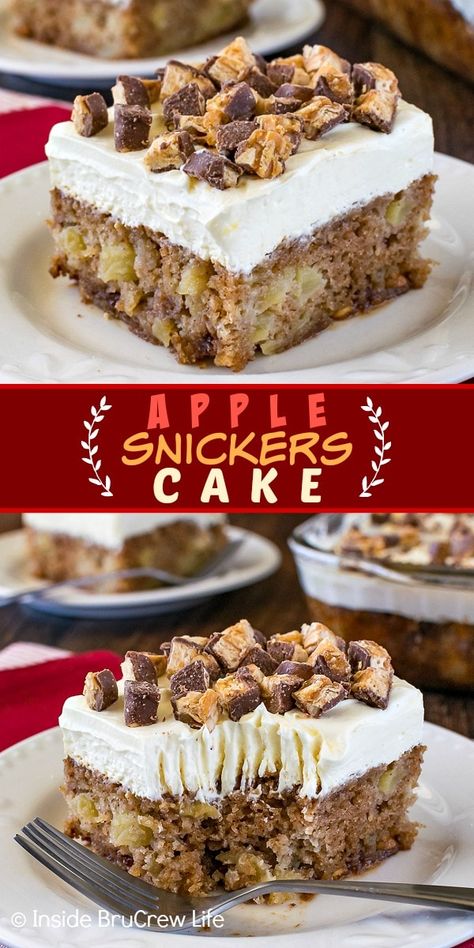 Apple Snickers Cake - this sweet homemade apple cake is loaded with chunks of fresh apples & candy bars. This is the best recipe to make for fall parties! Cosmetology Cake, Potluck Favorites, Cake Fall, Snickers Cake, Recipe For Fall, Fall Parties, Treat Recipes, Fall Dessert Recipes, Sweet Cake