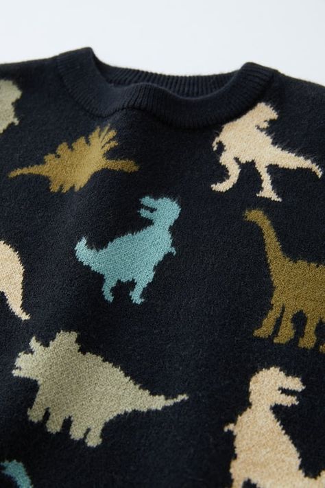 KNIT DINOSAUR SWEATER - Navy blue | ZARA United States Knit Dinosaur, Boys Winter Clothes, Dinosaur Sweater, Round Neck Sweater, Round Neck Sweaters, Zara United States, Toddler Boys, Kids Boys, Neck Sweater