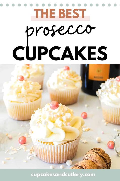 Learn how to make the Prosecco Cupcakes recipe that’s infused with sparkling wine and starts with a box cake mix! If you're a fan of champagne and desserts, this easy cupcake recipe is for you. Topped with a Prosecco Buttercream, these can't be beat! Get this Prosecco Cupcake recipe at cupcakesandcutlery.com. Prosecco Cupcakes, Prosecco Cake, Wine Cupcakes, Boozy Cupcakes, Champagne Cupcakes, Desert Ideas, Alcoholic Desserts, Easy Cupcake Recipes, Boxed Cake