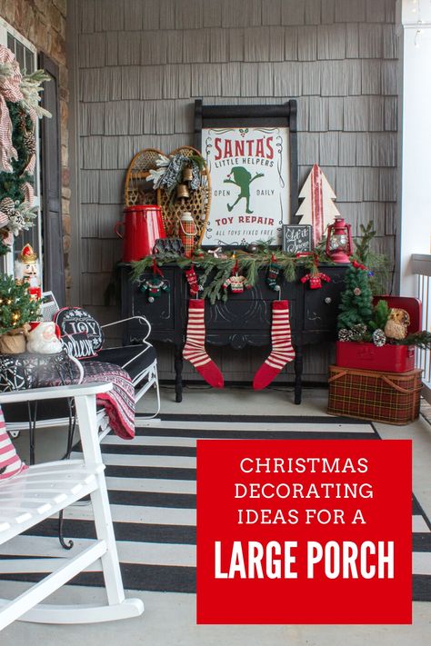 If you have a large front porch to decorate for Christmas, you'll love these festive ideas! Join me as I showcase our whimsical, vintage outdoor Christmas decor. Plus tour eight beautiful Christmas decorated front porches. Christmas Front Porch Decorations, Front Porch Decorations, Large Front Porch, Outside Christmas Decorations, Outdoor Christmas Decor, Decorate For Christmas, Front Porch Christmas, Christmas Front Porch, Vintage Outdoor