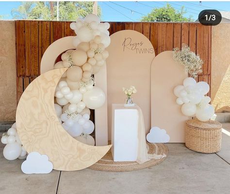 Aqeeqah Decoration, Aqeeqah Party Ideas, Moon Cutout Backdrop, Crescent Moon Backdrop, Love You To The Moon And Back Balloon Arch, Moon And Stars Balloon Backdrop, Moon And Cloud Backdrop, Cloud Baby Shower Theme, Party Rental Ideas