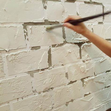 Making A Faux Brick Wall, Diy Brick Wall With Plaster, Diy Faux Brick Wall With Sponge, Fo Brick Wall Diy, Faux Brick Stairway Wall, Faux Brick Outside Home, Diy Fake Brick Wall, How To Paint Faux Brick, Brick Texture Paint