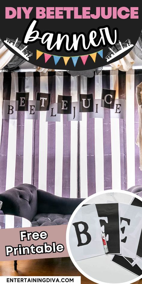 DIY Beetlejuice Banner | Halloween Indoor Decor Beetlejuice Backdrop Ideas, Beetlejuice Free Printables, Beetle Juice Door Decorations, Diy Beetlejuice, Diy Halloween Tree, Beetlejuice Party, Halloween Juice, Spooky Cake, Beetlejuice Halloween