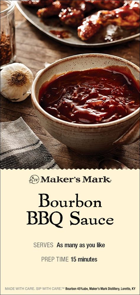 Maker’s Mark Bourbon BBQ Sauce takes “season to taste” to the next level by providing suggested ingredients rather than a strict recipe, and on days you aren’t feeling too creative, you can use our very own Chef Newman’s ingredients. There are a lot of easy bourbon recipes out there, but this is by far the most versatile. Bourbon BBQ Sauce Recipe: Your favorite BBQ sauce + Maker’s Mark Bourbon. Click-thru for directions and suggested ingredients.  bourbon recipes, cookout, tailgate recipes Copycat Bbq Sauce Recipe, Bar B Que Sauce Recipes, Whiskey Bbq Sauce Recipes, Whisky Bbq Sauce Recipe, Honey Bourbon Bbq Sauce, Maple Bourbon Bbq Sauce, Bourbon Barbecue Sauce Recipe, Bourbon Bbq Sauce Recipe, Bourbon Whiskey Barbecue Sauce