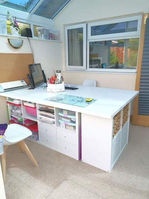 Table built with Ikea Kallax shelf units with Lagkapten Table tops Sewing Office Room, Ikea Kallax Shelf Unit, Craft Room Organization Storage, Ikea Kallax Shelf, Diy Sewing Table, Shelf Units, Ikea Crafts, Sewing Room Inspiration, Kallax Shelf