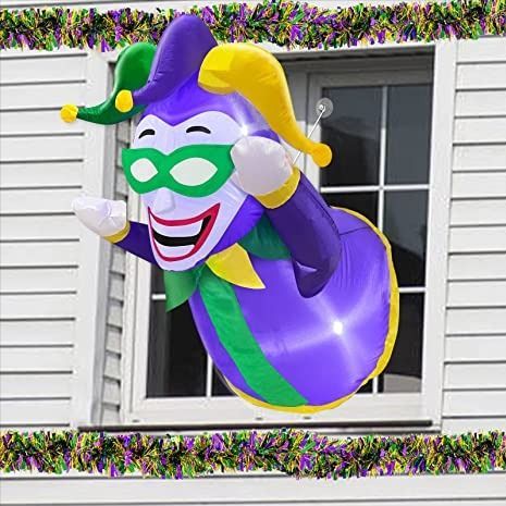 A fun 3.5 Ft Mardi Gras inflatable Jester leans out from window. You will receive an Mardi Gras inflatable, screw sucker, tether, built-in fan and a UL certificated plug. Copyright Certificated Model. [ Eye-catching Display ] This Mardi Gras inflatable decoration comes with 2 super bright built-in LED lights, light up in the evening and spreading a festive atmosphere. #mardigras #homedecor #affiliate Mardi Gras Outdoor Decorations, Certificate Model, Mardi Gras Party Decorations, Mardi Gra, Home Outside, Lenten Season, Mardi Gras Costumes, How To Lean Out, Inflatable Decorations