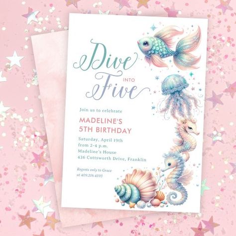 $1.98 | Pink Dive Into Five Mermaid 5th Birthday - dive into five, 5th birthday invitation, mermaid, fish seahorse jellyfish, swim party, pool party, ocean, pink purple aqua teal, girl girly, cute Dive Into Five Birthday Girl, Girl 5th Birthday Party Themes, Mermaid 5th Birthday Party, 5th Birthday Invitation, Mermaid Pool Parties, Swim Party, Party Girls, 5th Birthday, Jellyfish