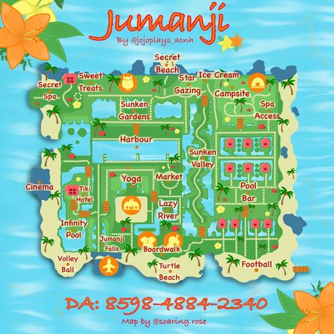 Custom ACNH island map with a tropical theme Tropical Map, Acnh Tropical, Disney Island, Dino Island, Animal Crossing Funny, Natural Magic, Animal Crossing Wild World, Qr Codes Animal Crossing, Tropical Animals