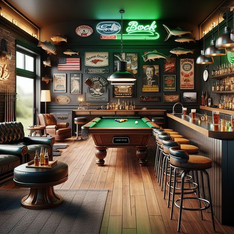 Experience the ultimate man cave with a high-tech home theater, classic pool table, vintage sports memorabilia, sleek bar, and a gaming console corner. Enjoy the masculine vibe with a dark color scheme and warm lighting. #ManCave #HomeTheater #VintageDecor #Bar #Gaming #HomeImprovement Classic Billiard Room, Mancave Sign Ideas, Garage Pool Room, Sports Bar Interior, Sports Bar Design, Luxury Man Cave, Gaming Man Cave, Vintage Sports Bar, Home Sports Bar