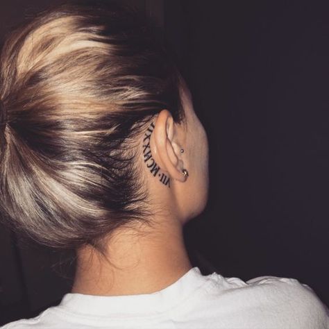 Roman numerals tattooed on the back of the ear | www.otziapp.com Back Ear Tattoo, Behind Ear Tattoos, Ear Tattoos, Tattoo Trend, Shape Tattoo, Inspiration Tattoos, Cover Up Tattoos, Mom Tattoos, The Ear