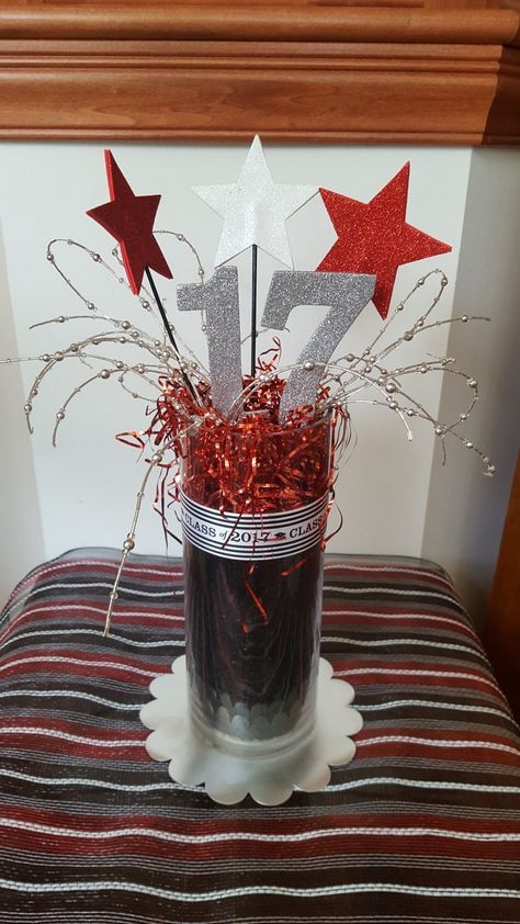 Grad party centerpiece glass vase red black silver and white Red Black And Silver Centerpieces, Black And Silver Table Centerpieces, Red White And Black Centerpieces, Red Black And Silver Party Decoration Centerpiece Ideas, Red Black And Silver Birthday Decor, Red Black And White Graduation Party Table Decorations, Red White And Black Party Decorations, Red Black And Silver Party Decoration, Black And Red Graduation Party Ideas