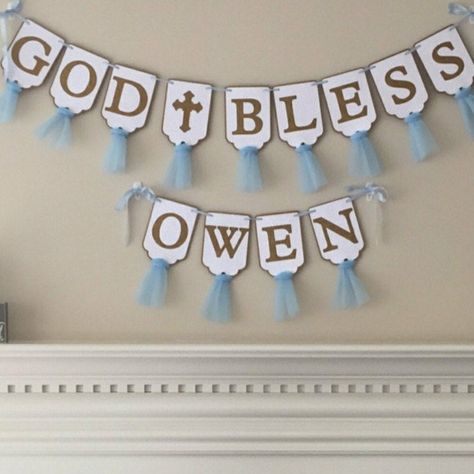 Baby Boy Christening Decorations, Boy Christening Decorations, Baptism Party Boy, Baptism Decorations Boy, First Birthday Centerpieces, Cake Chorizo, First Communion Banner, Banner White, Baptism Banner