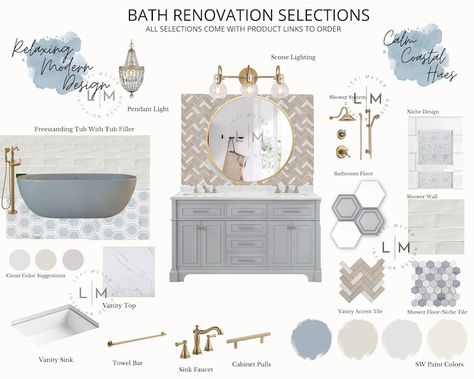 Interior Design Editable Template, E-design, Bathroom Moodboard,tile, Home Decor, Virtual, Room Design, Coastal, Beach, Modern Farmhouse - Etsy Bathroom Moodboard, Restauration Hardware, Virtual Room, Mood Board Interior, Bath Renovation, Coastal Bathrooms, Bathroom Tile Designs, Spa Design, Renovation Design