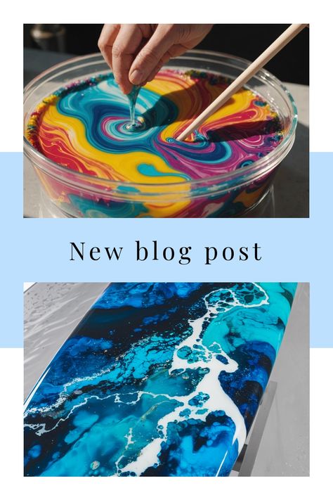 Hands creating colorful resin art with swirls above a finished blue resin artwork. Surfboard Resin, Art Guide, Surfboard Art, Resin Pour, Transparent Resin, How To Mix, Art How, Color Blending, Fluid Art