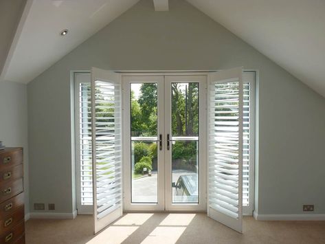 Shutters On French Doors, Patio Doors Modern, Shutters For Sliding Glass Doors, Patio Door Shutters, Curtains For Doors, Sliding Panel Blinds, Door Shutters, Attic Windows, Window Shutters Exterior