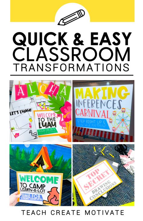 Switch things up and break away from the usual routine with these quick and easy room transformations! INSTANT student engagement! #roomtransformation #engagement #classroomtheme Classroom Theme Day Ideas, Reading Room Transformations, Themed Days For Classroom, Classroom Room Transformations, Kindergarten Room Transformation, Themed Classroom Days, Ela Room Transformation, Rock Your School Room Transformations, Classroom Theme Days