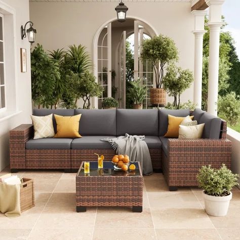 Patio Conversation Sets On Sale | Wayfair Brown Patio Furniture Decor, Brown Patio Furniture, Patio Conversation Sets, Deck Box Storage, Patio Sofa, Conversation Set Patio, Glass Top Table, Wicker Furniture, Mudroom Furniture