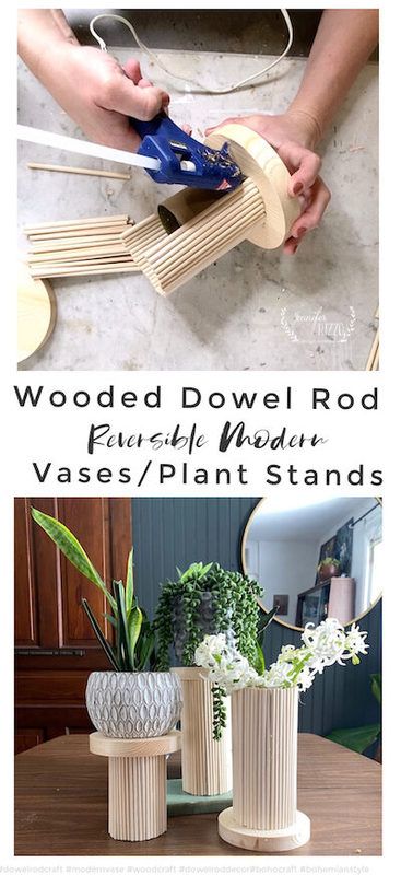 Dowel Plant Stand, Crafts With Dowels, Diy Wooden Dowel Projects, Dowel Rod Crafts Decor, Wood Dowel Crafts, Diy Wood Vase, Dowel Rod Furniture, Diy Dowel Projects, Wooden Dowel Projects