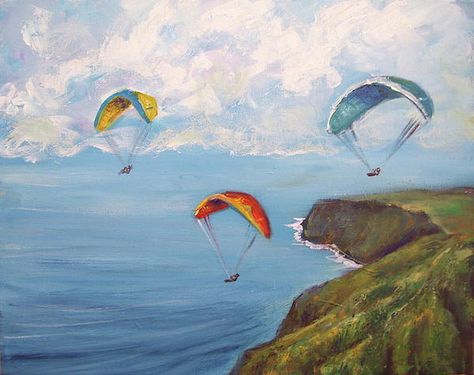 Paragliding Painting, Parachute Painting, Everyday Painting, Beautiful Scenery Drawing, Art Tutor, Skyline Painting, Creating Artwork, Canvas Drawings, Parasailing