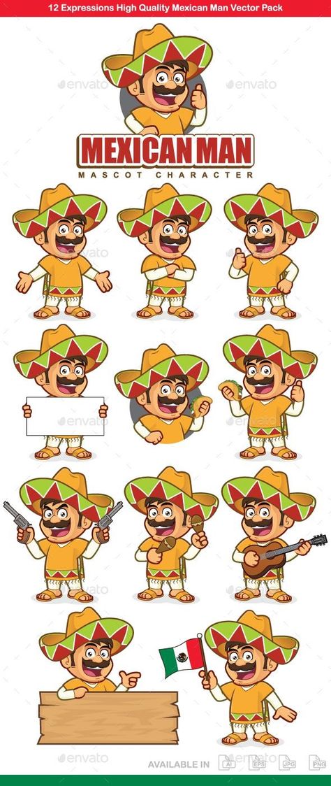 Mexican Man Mascot Character - Envato Market #BestDesignResources Mexican Man Drawing, Round Character Design, Mexican Character Design, Mexican Characters, Mexican Graphic Design, Design Template Layout, Mexican Man, Taco Restaurant, Mascot Illustration