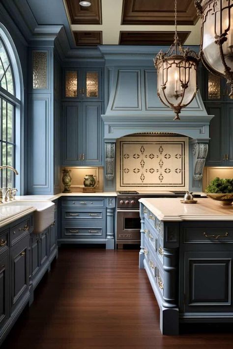 Stylish Grey Blue Kitchen Ideas: Top 25 Picks for Modern and Rustic Home Decor Antique Blue Kitchen Cabinets, Antique White Trim, Blue Kitchen Ideas, Antique White Cabinets, Grey Blue Kitchen, Dreamy Kitchens, House Renovation Projects, Living Room Built Ins, Southern House