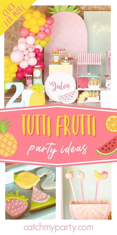 Take a look at this bright and colorful tutti fruity birthday party! Love the cake pops! See more party ideas and share yours at CatchMyParty.com Two Tutti Fruity Birthday, Twoty Fruity Birthday Party, Twoti Fruiti Birthday Party, Fruit Party Ideas, Twotti Fruity Party, Twotti Fruitti Party, Tutti Fruitti Party, Fruit Party Decorations, Twotti Fruity